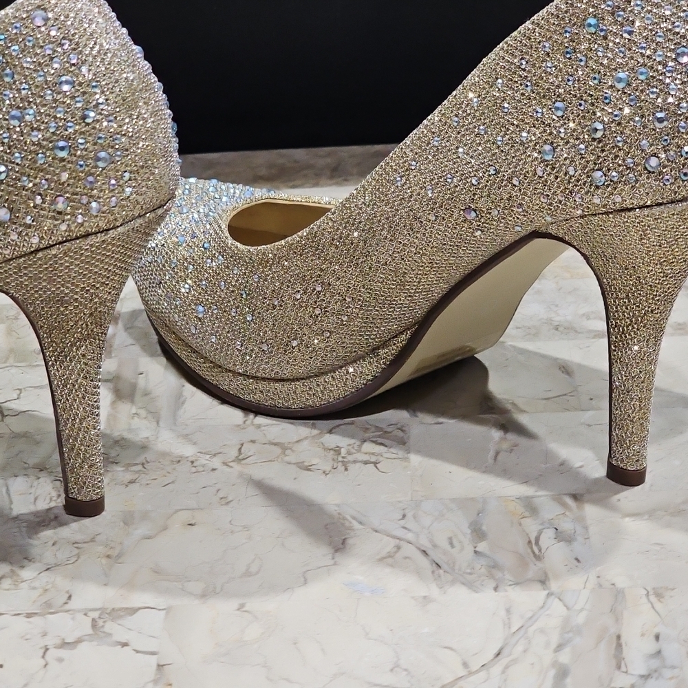 LaSonia Golden Glitter Formal Wedding‎ High Platform Stilettos Shoes Heels Sz 9 - Picture 7 of 11